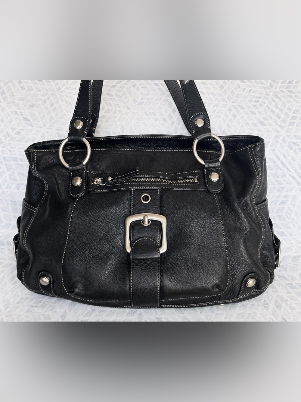 B. Makowsky Black Leather Satchel Shoulder Bag Paisley Lined Large Tote Purse - Picture 2 of 16